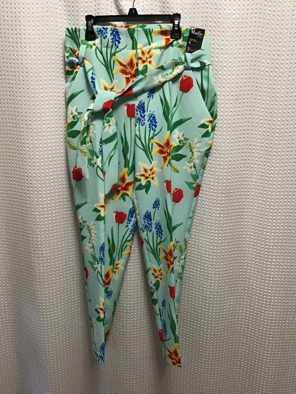 Floral Tie-Waist Ankle Pants in Mint with Red & Yellow Blooms